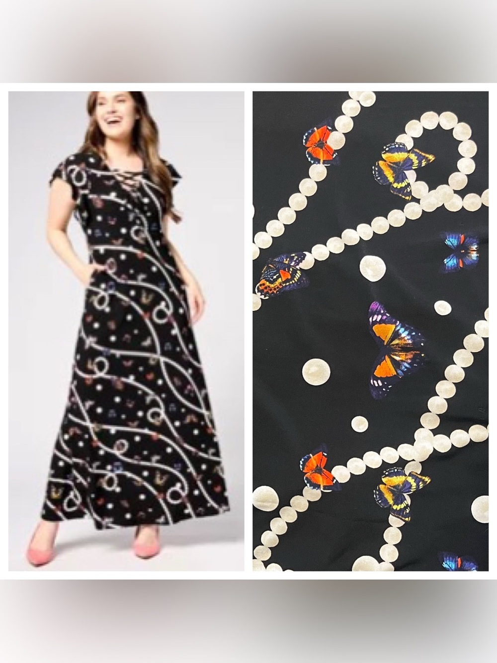 Y2K Butterfly print flowy maxi dress lace-up front ruffle Whimsygoth cottage